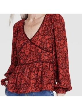NWT Women Knox Rose Red Bohemian Festival Long Sleeve Embroidered BlouseSize XXL
